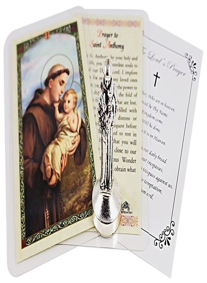 Trendzeen Mini St Anthony Statue Metal (2 Inch) Saint Anthony Laminated Prayer Card, The Lord's Prayer Card | Saint Anthony Padua Figurine | Magnetic Sticky Statue Base for Car Dash or Flat Surfaces, 3 Items - Image 1